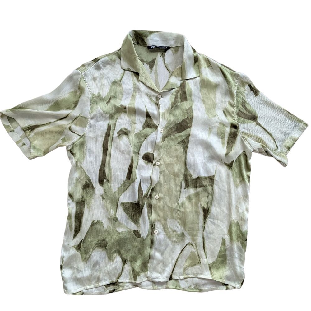 Zara Green Beige Abstract Button Down Short Sleeve Shirt Size XL